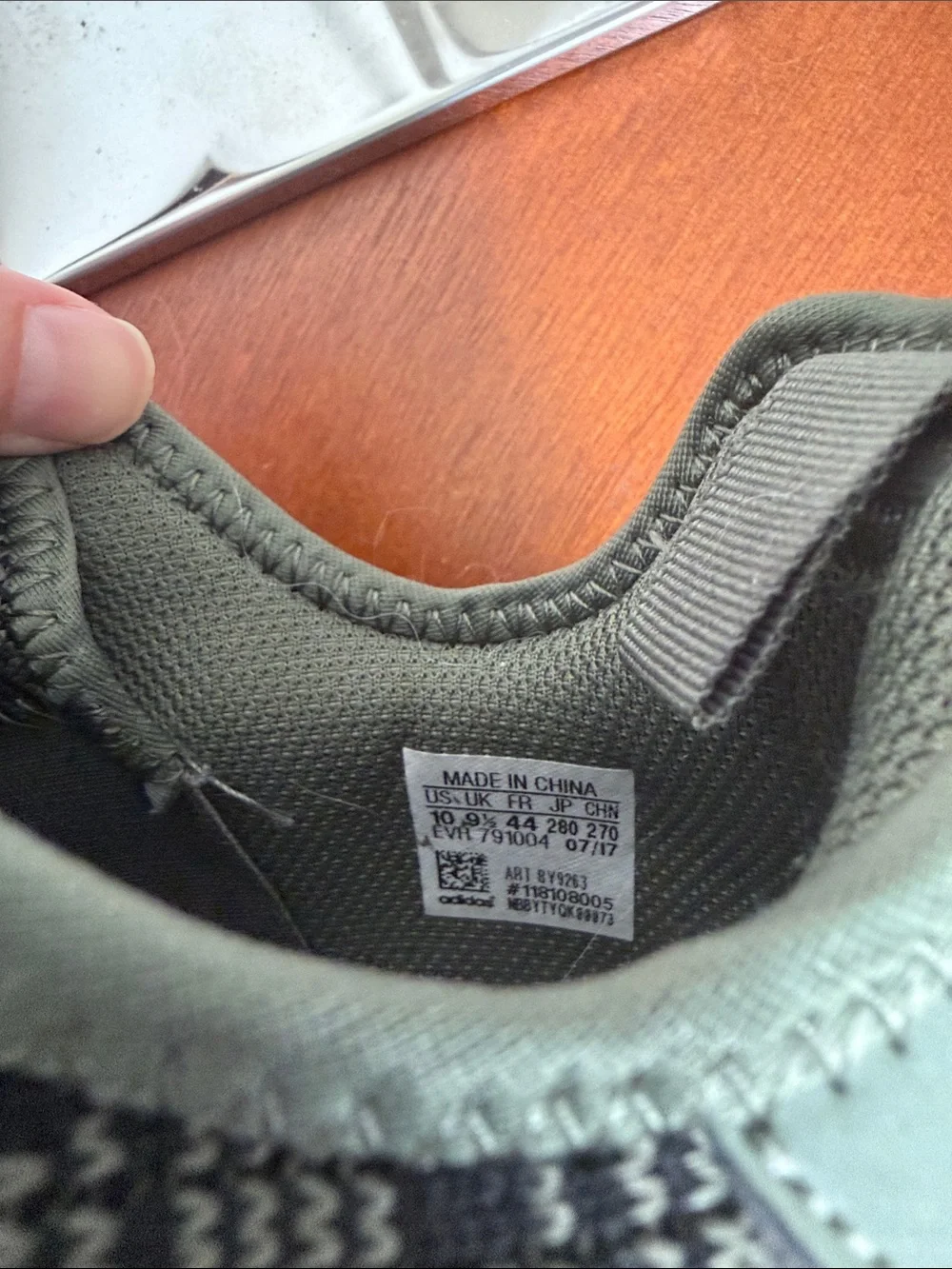 adidas Men’s Olive Green and Gray Knit Sneakers with Red Tongue Accent